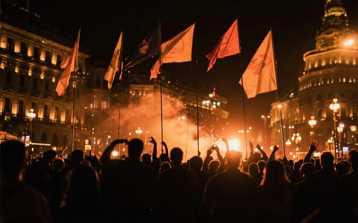 球迷在城市广场庆祝的夜晚氛围，灯光与人群，适合赛后行程想象